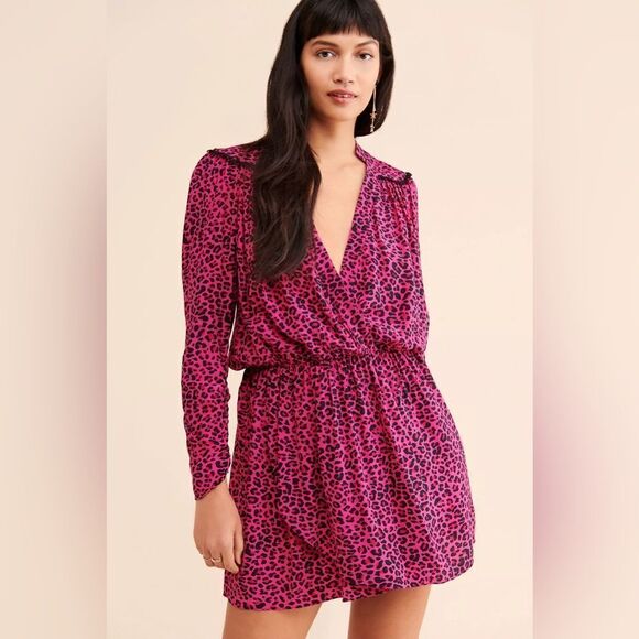 ZADIG & VOLTAIRE Reveal Leopard Print 3/4 Sleeve Mini Dress Fuchsia - Picture 2 of 9